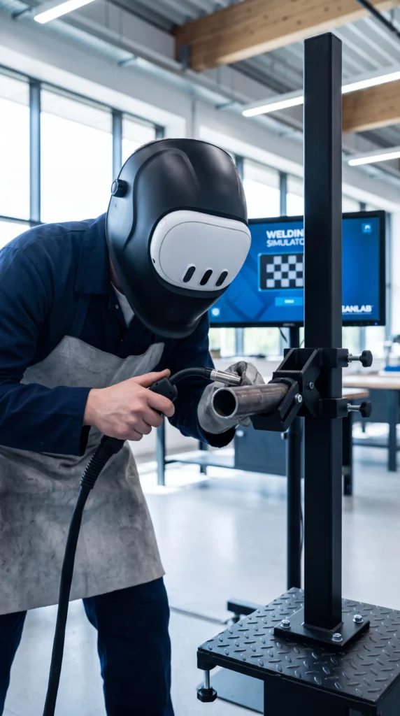 Student practicing VR welding simulation training with SANLAB equipment